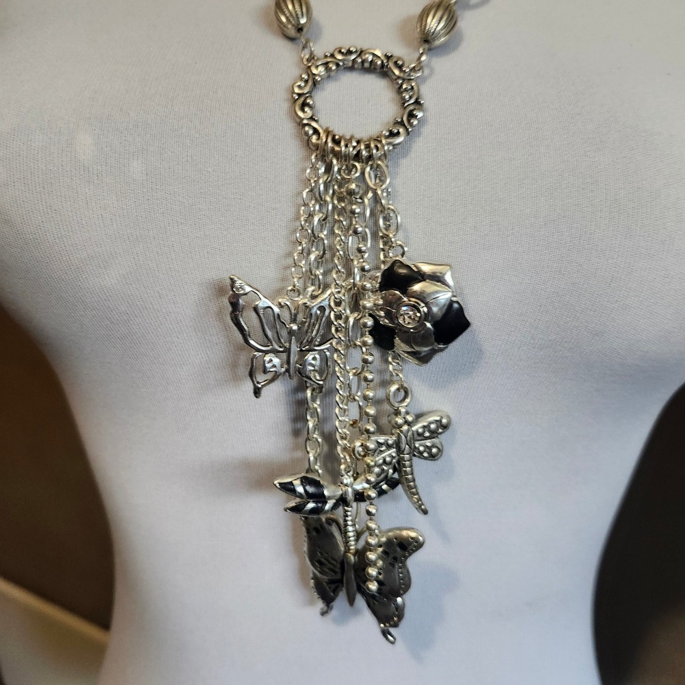 Silver Tone Charm Necklace Butterflies Dragonfly‎ Rose Flower Pendant